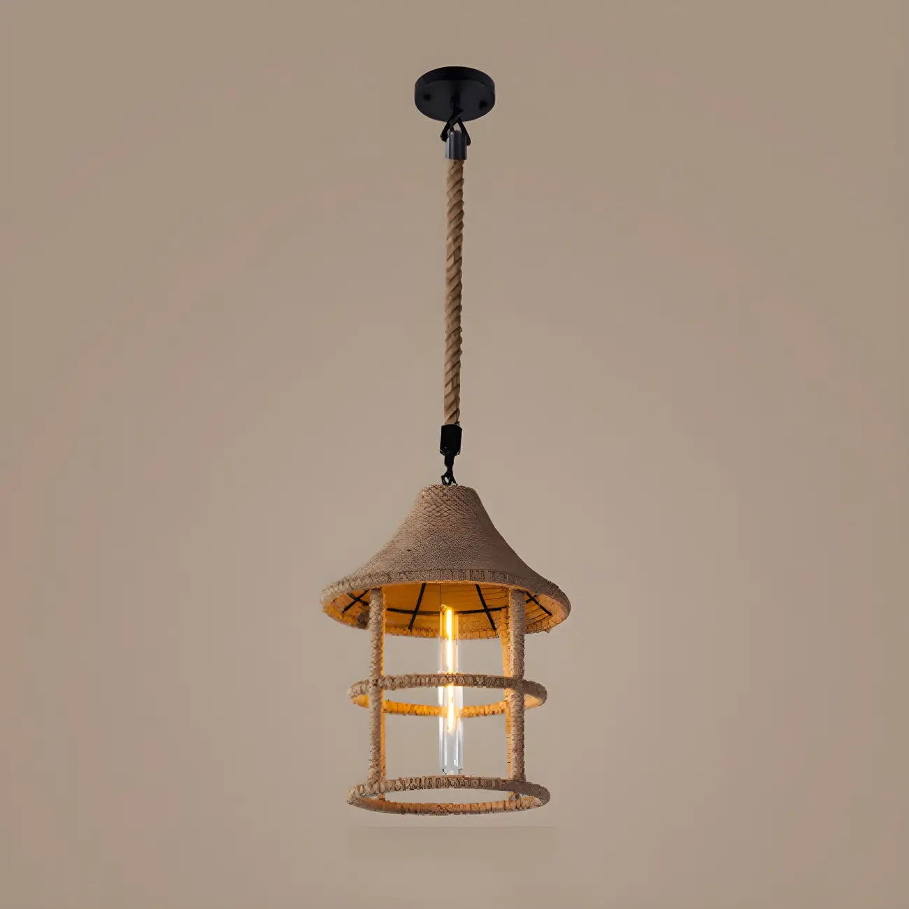 Industrial Rattan Black Metal Hemp Rope Pendant Light