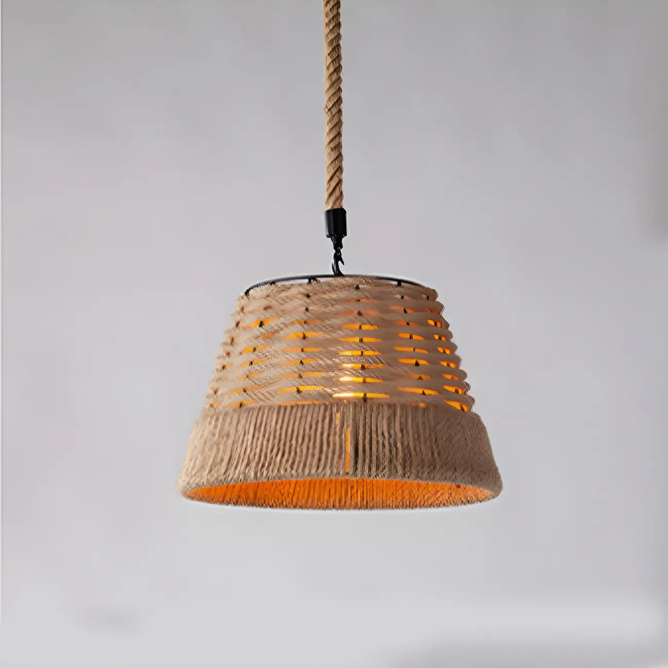 Industrial Rattan Black Metal Hemp Rope Pendant Light