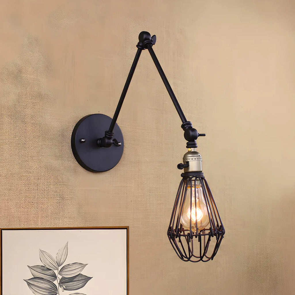 Industrial Black Wire Cage Swing Arm Wall Light