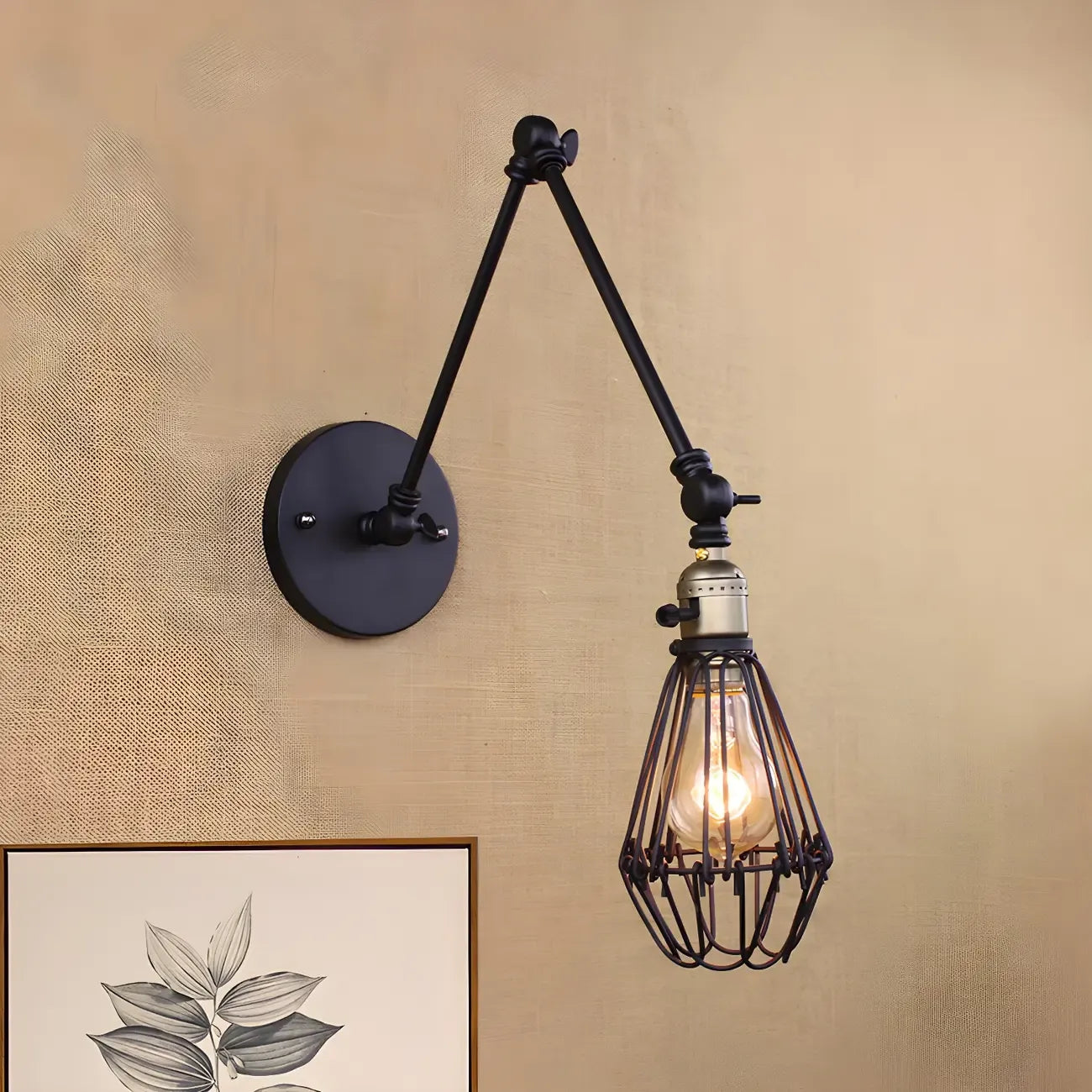 Industrial Black Wire Cage Swing Arm Wall Light