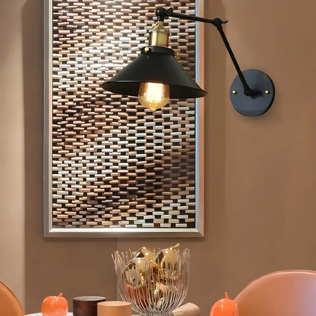 Retro Metal Matte Black Cone Swing Arm Wall Light