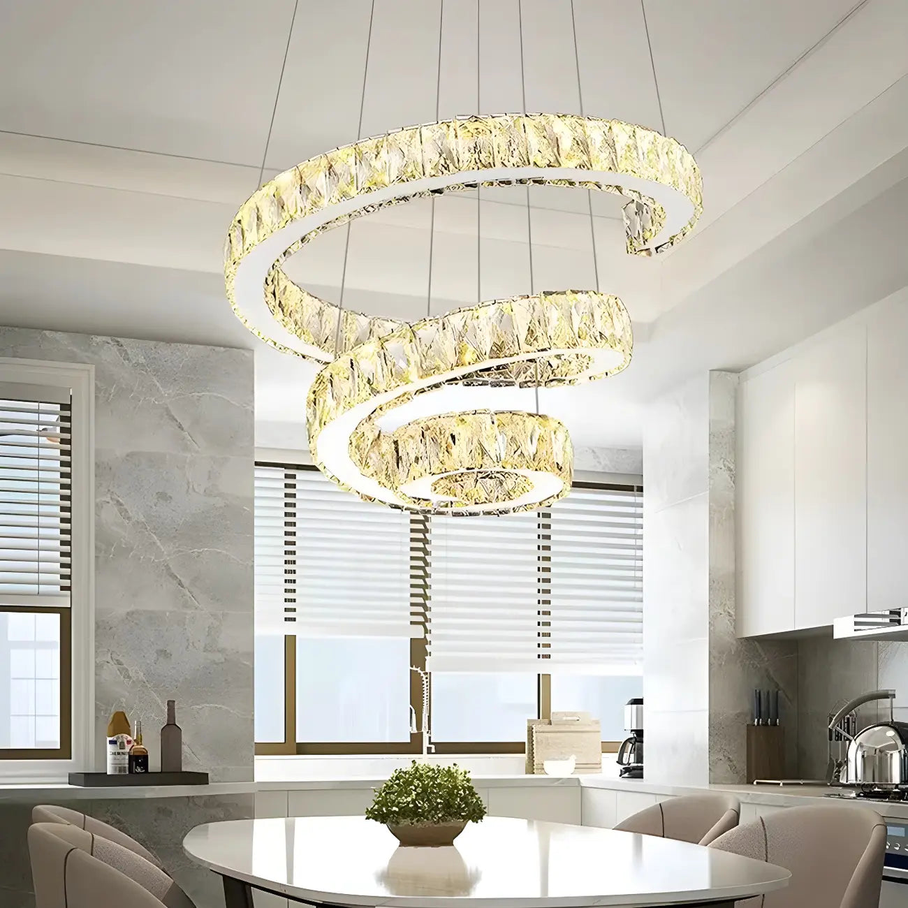Modern Steel Linear Spiral Crystal LED Suspension Chandelier for Dining Room