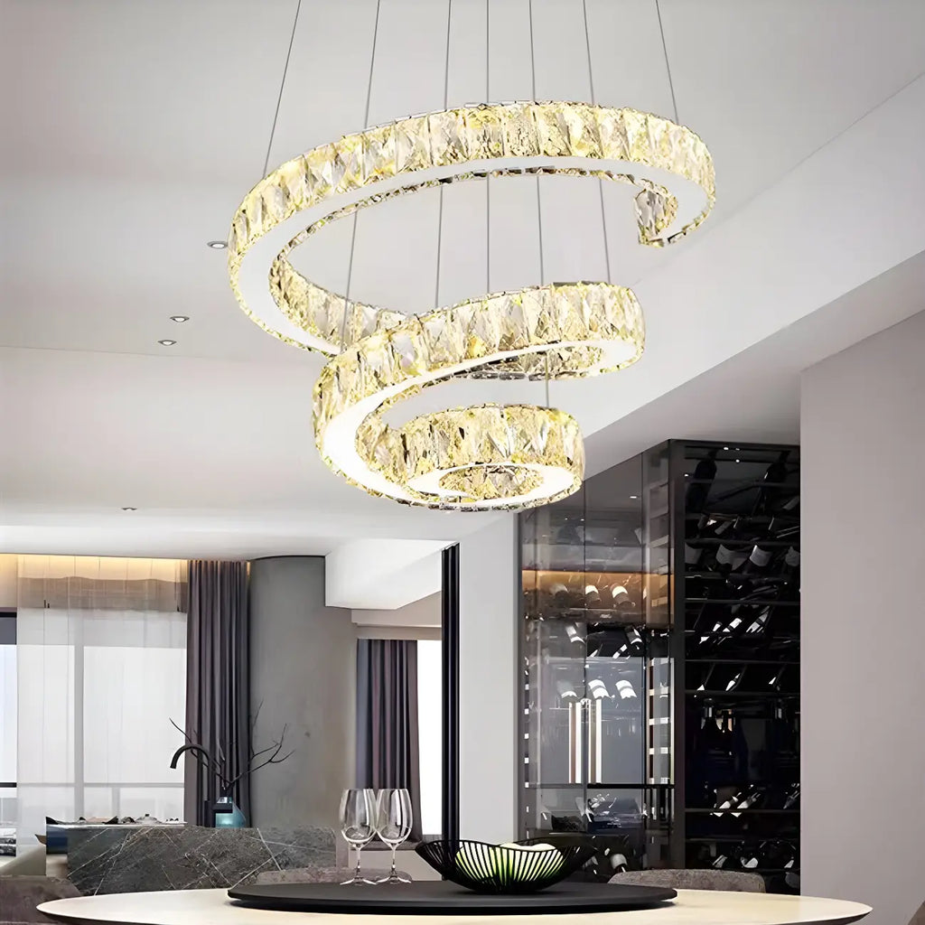 Modern Steel Linear Spiral Crystal LED Suspension Chandelier for Dining Room