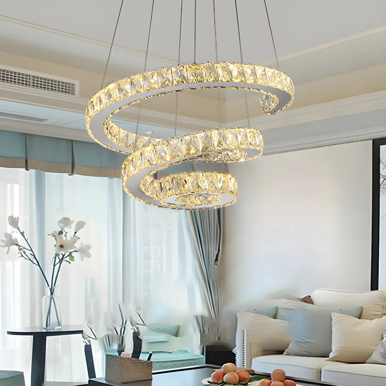 Modern Steel Linear Spiral Crystal LED Suspension Chandelier for Dining Room