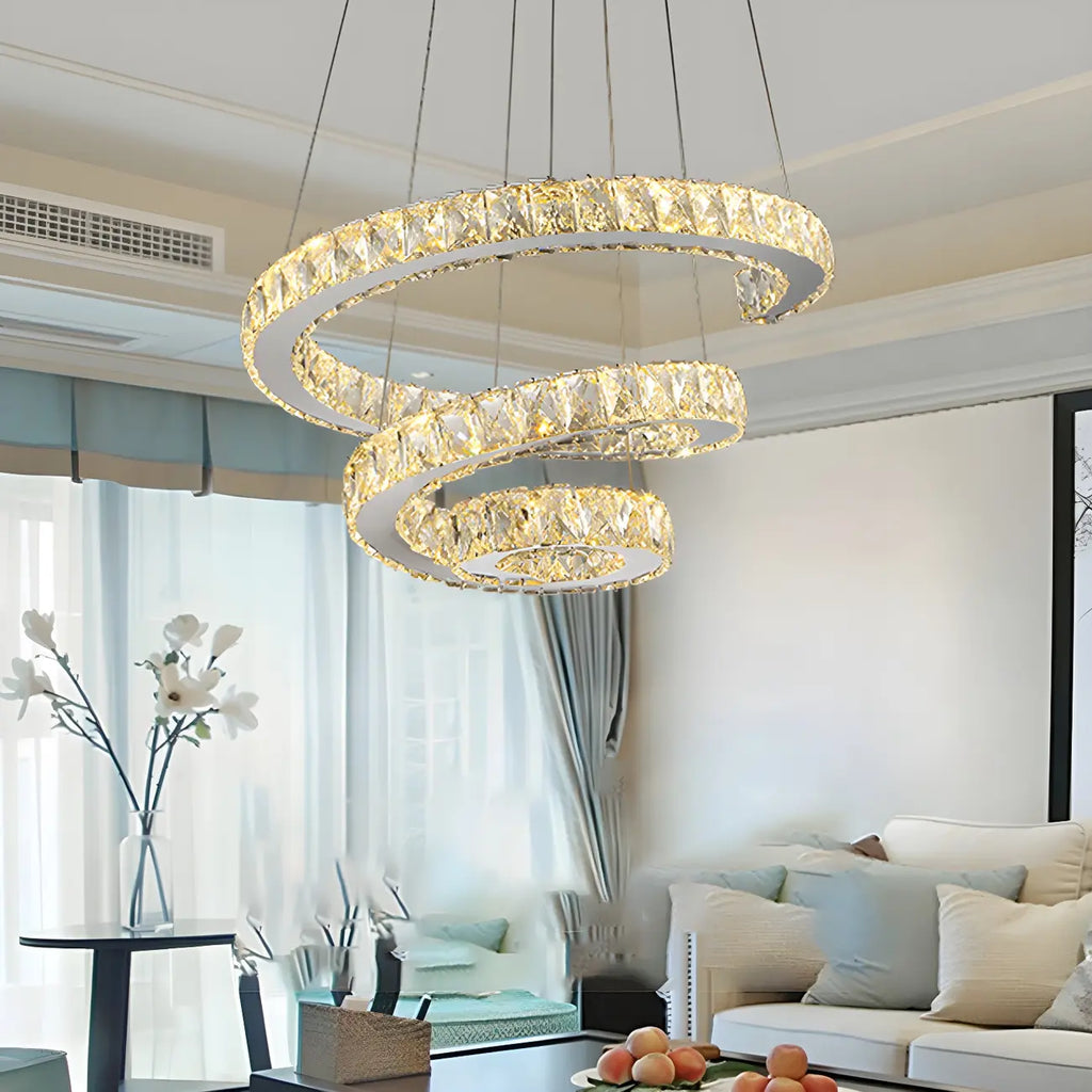Modern Steel Linear Spiral Crystal LED Suspension Chandelier for Dining Room