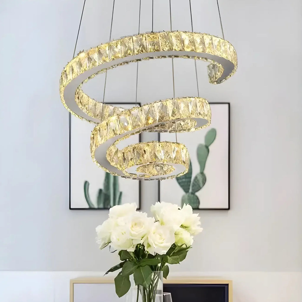 Modern Steel Linear Spiral Crystal LED Suspension Chandelier for Dining Room