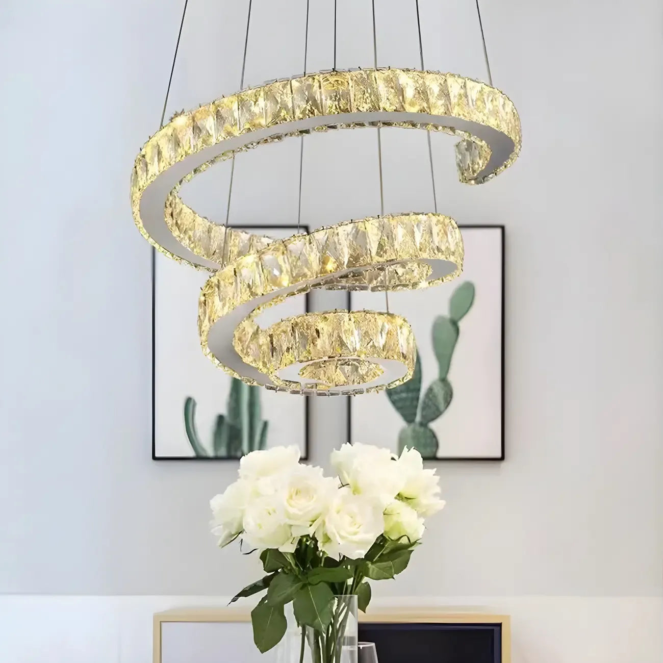 Modern Steel Linear Spiral Crystal LED Suspension Chandelier for Dining Room