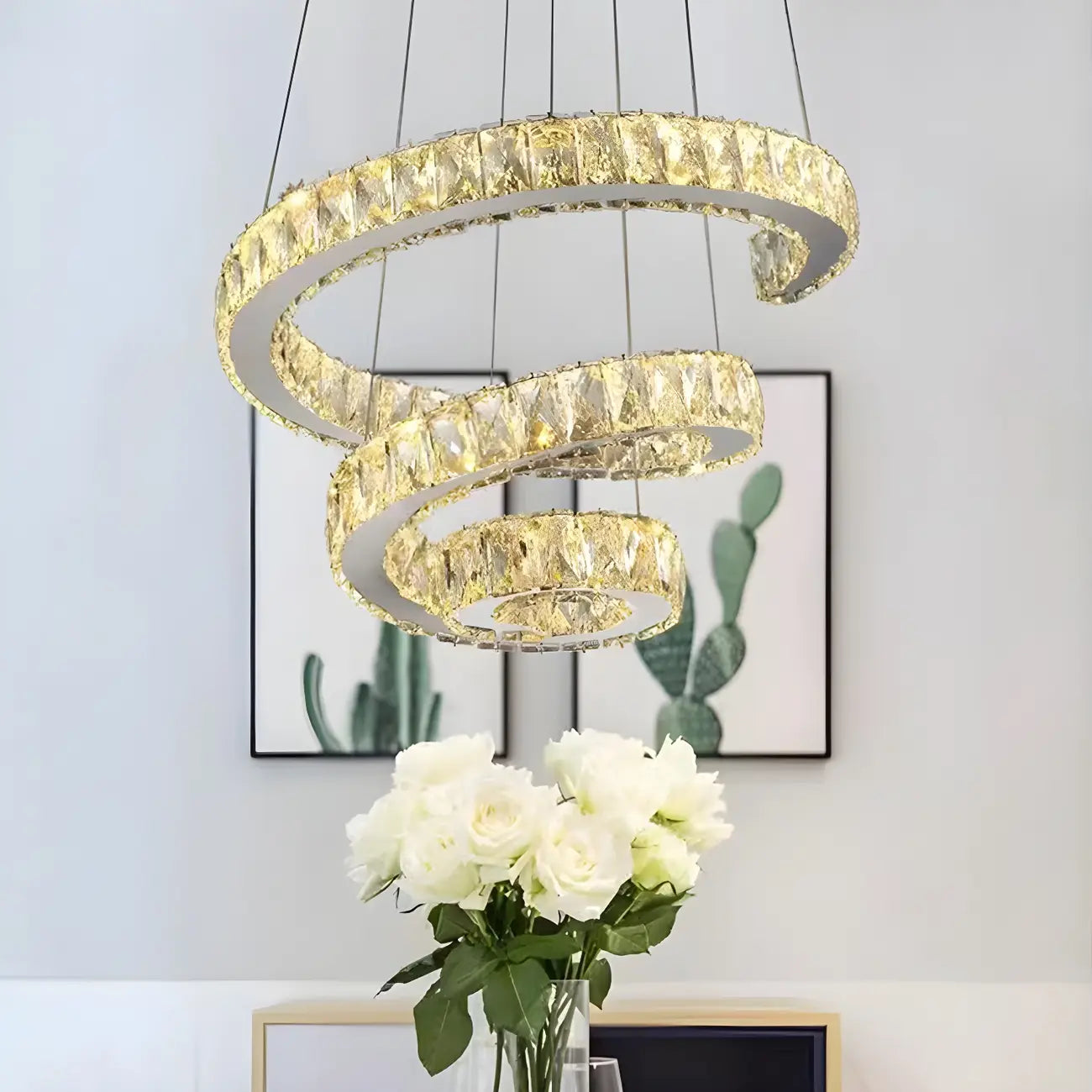 Modern Steel Linear Spiral Crystal LED Suspension Chandelier for Dining Room