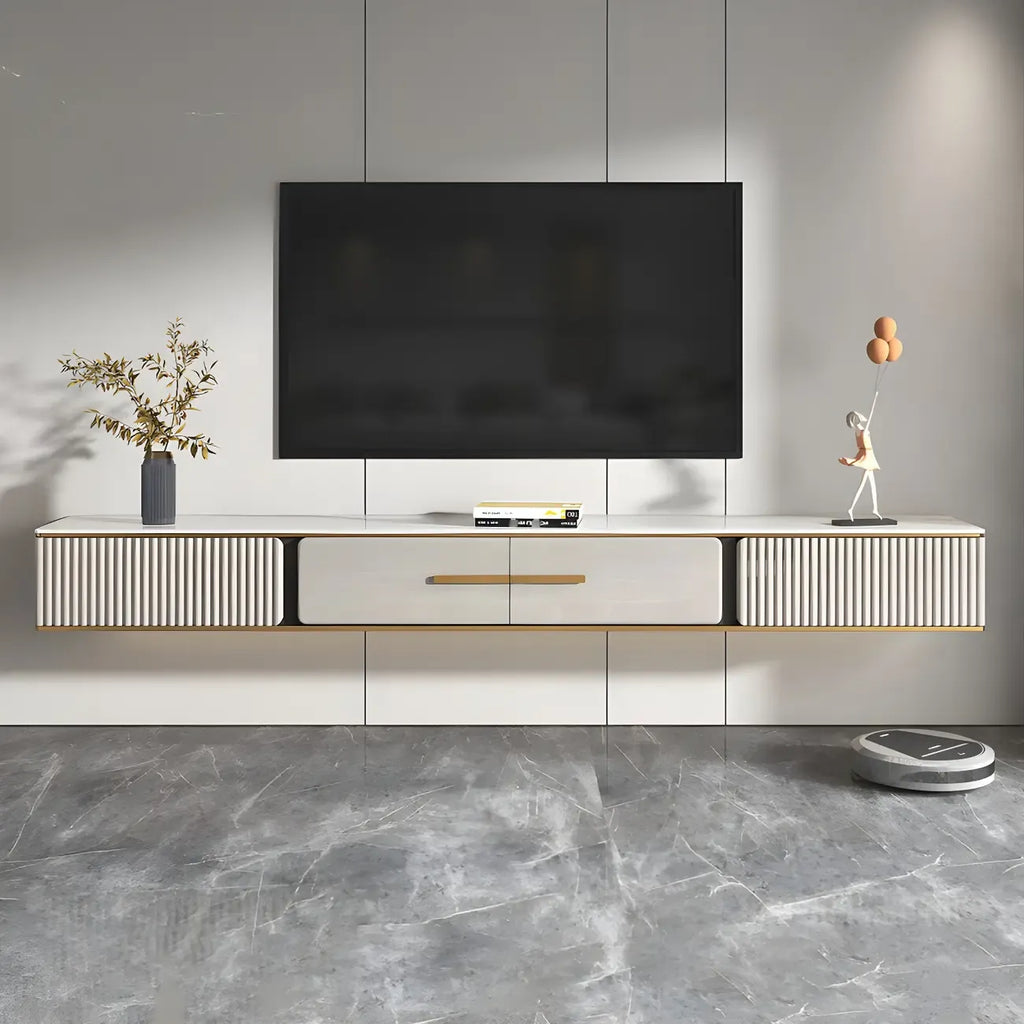 Long Stone 2 Drawers Floating Mount TV Stand Black