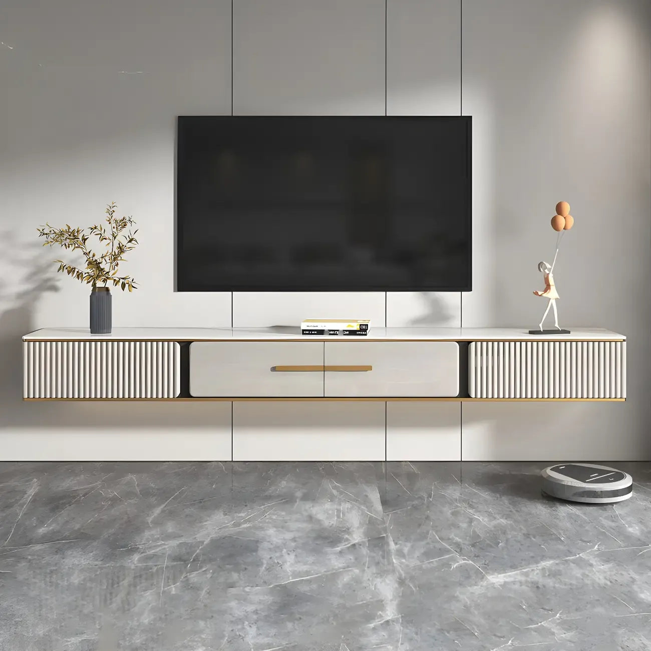 Long Stone 2 Drawers Floating Mount TV Stand Black