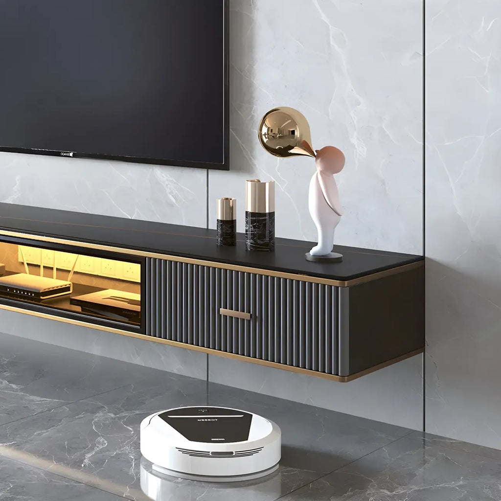 Long Stone 2 Drawers Floating Mount TV Stand Black