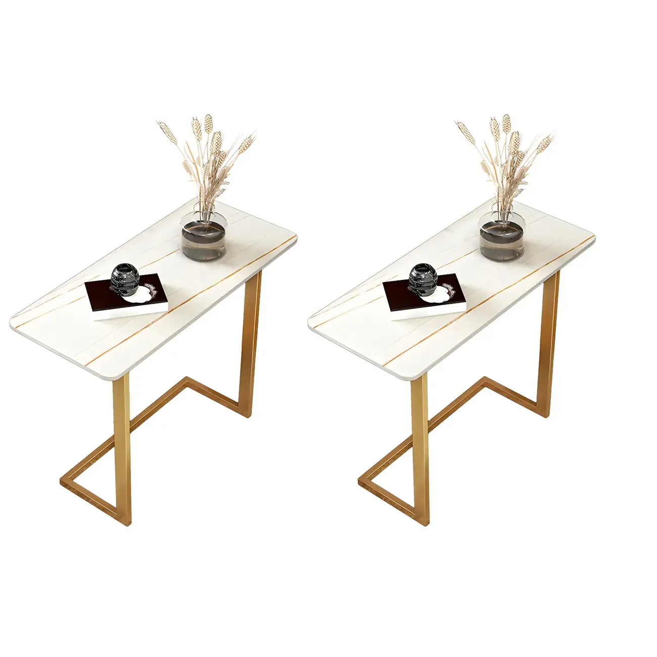 Rectangular Stone Top C-Shaped Side Table White