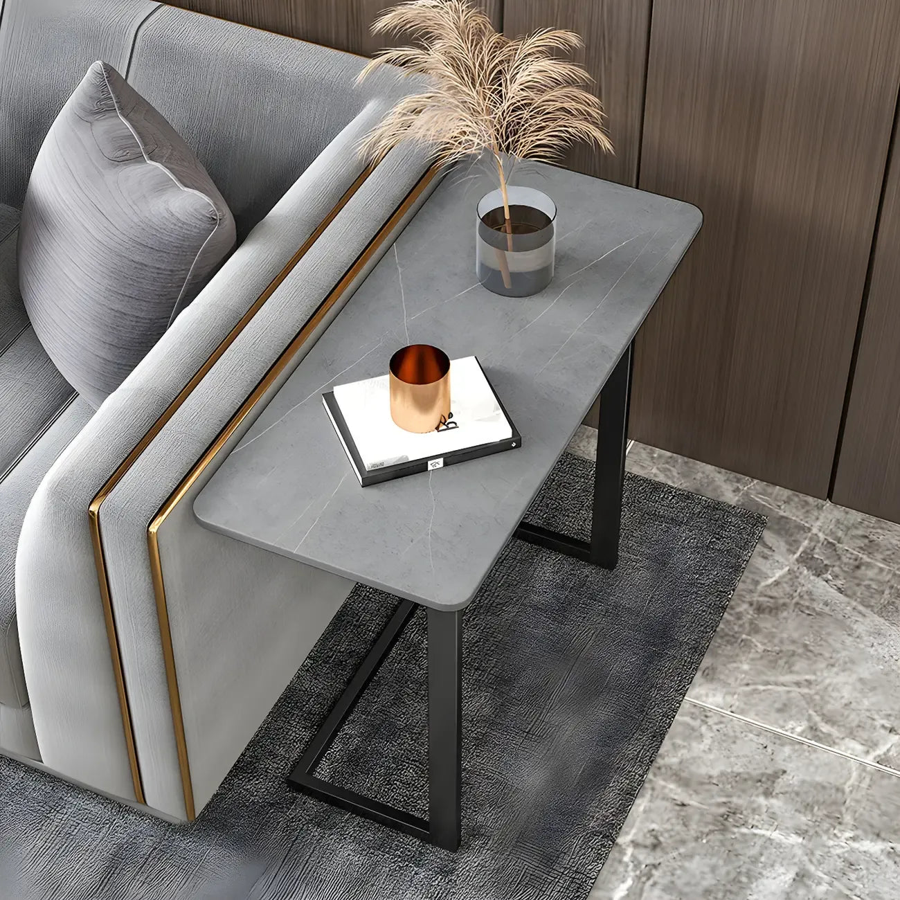 Rectangular Stone Top C-Shaped Side Table White