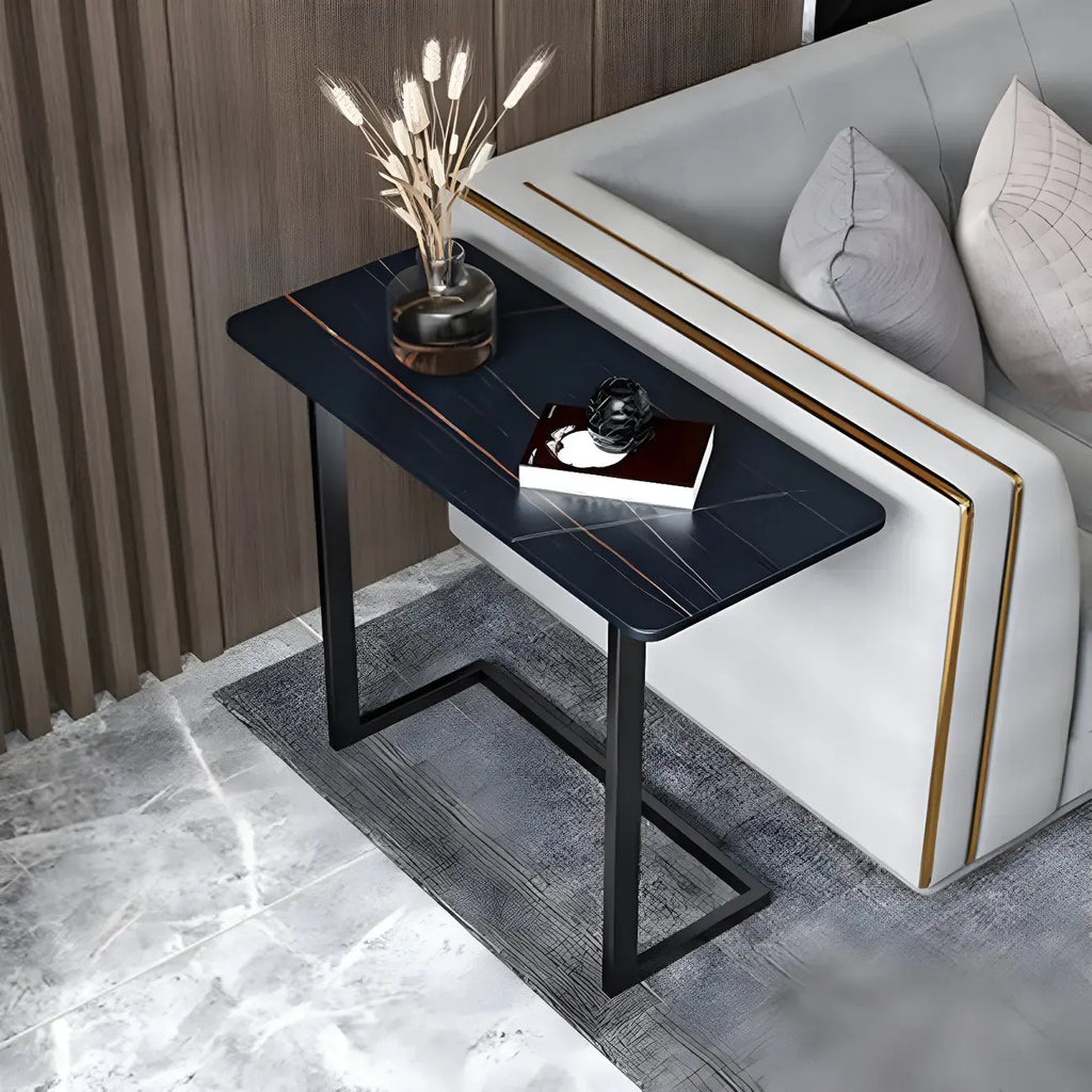 Rectangular Stone Top C-Shaped Side Table White