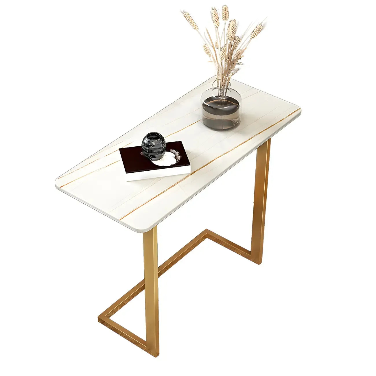 Rectangular Stone Top C-Shaped Side Table White