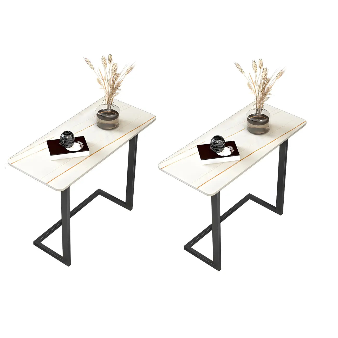 Rectangular Stone Top C-Shaped Side Table White