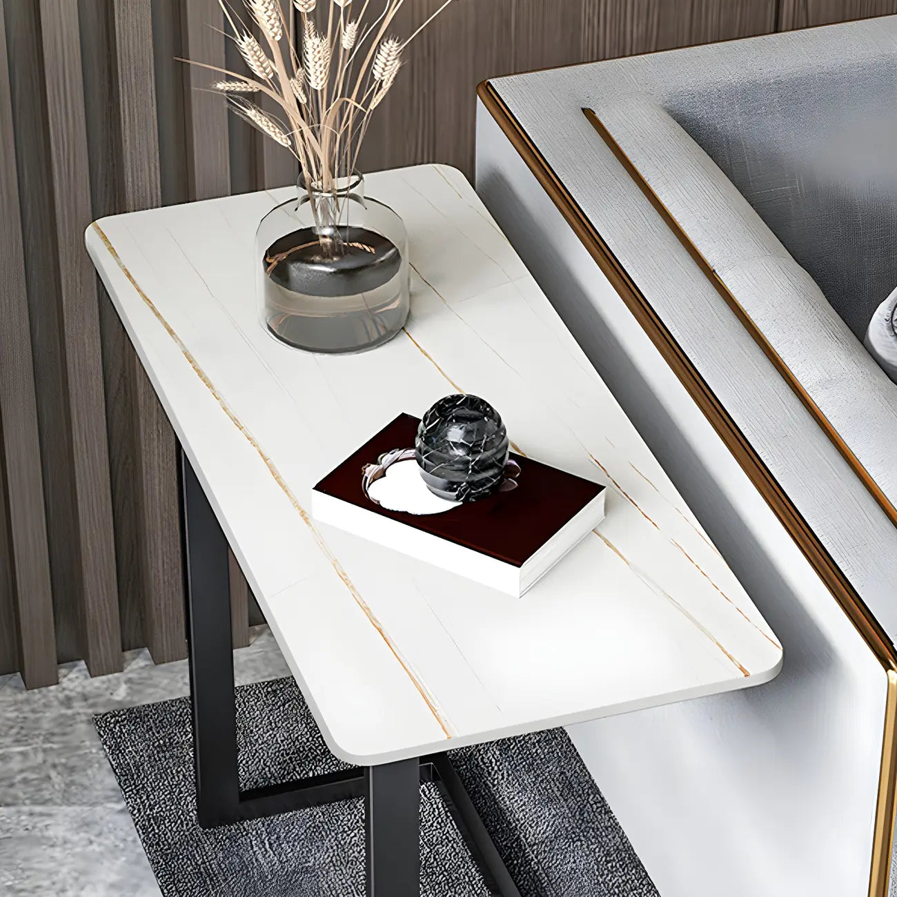 Rectangular Stone Top C-Shaped Side Table White