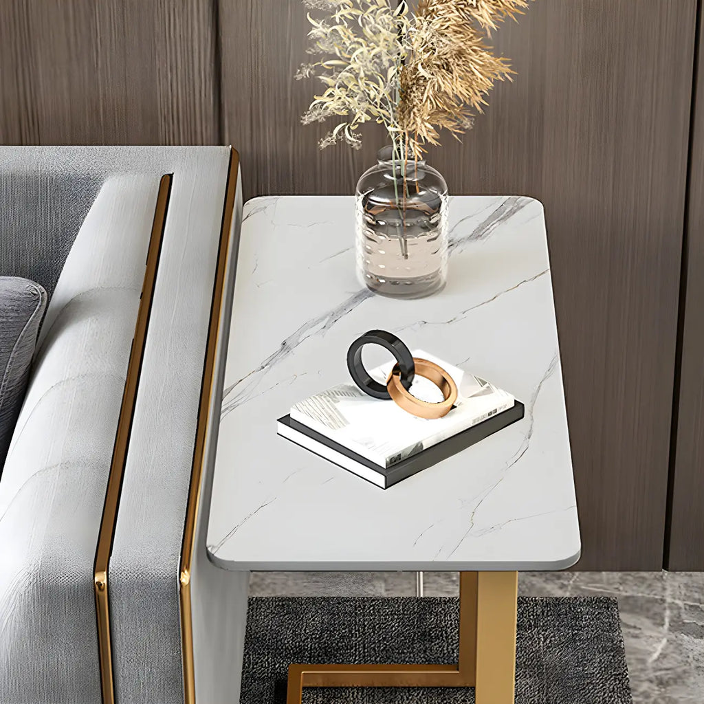 Rectangular Stone Top C-Shaped Side Table White