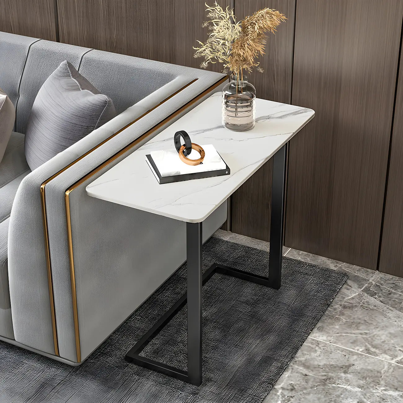 Rectangular Stone Top C-Shaped Side Table White