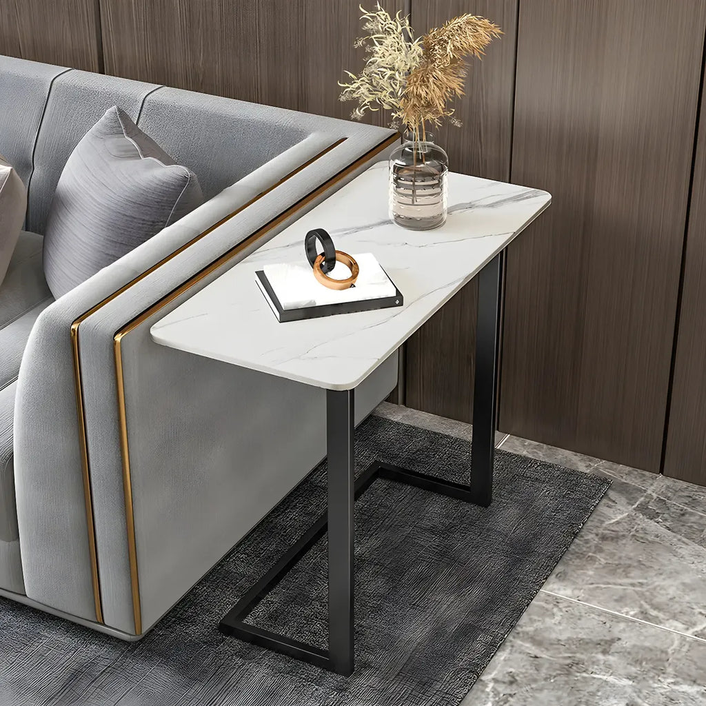 Rectangular Stone Top C-Shaped Side Table White