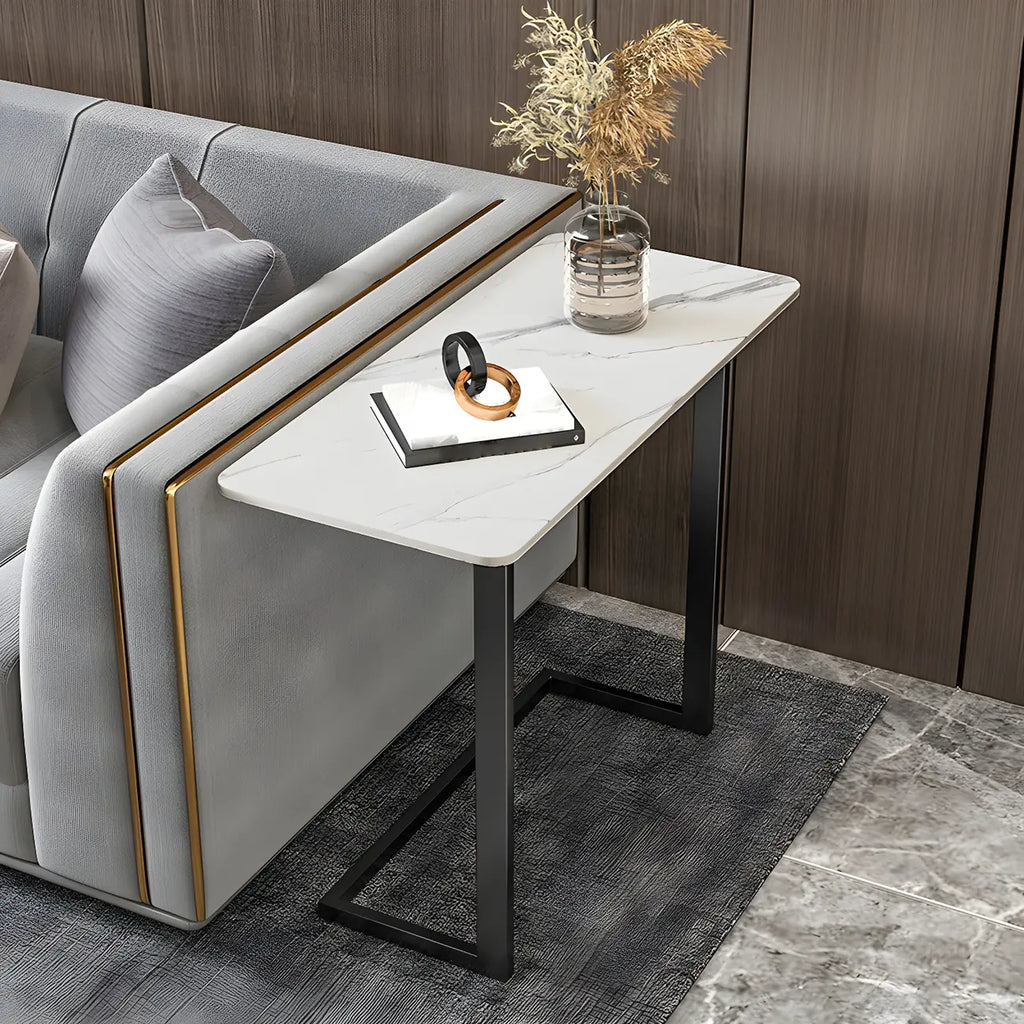 Rectangular Stone Top C-Shaped Side Table White