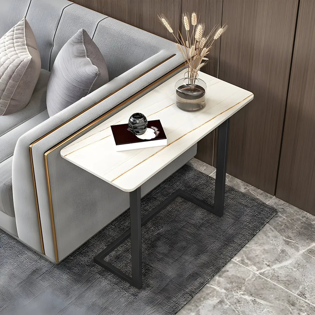 Rectangular Stone Top C-Shaped Side Table White