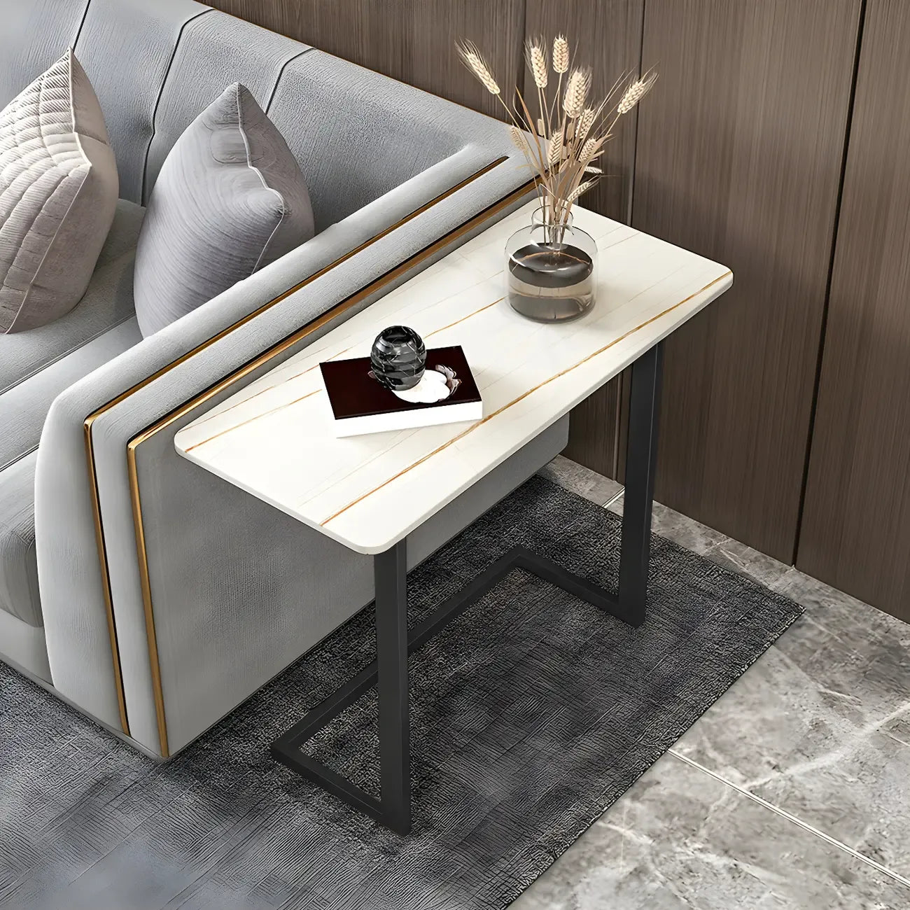 Rectangular Stone Top C-Shaped Side Table White