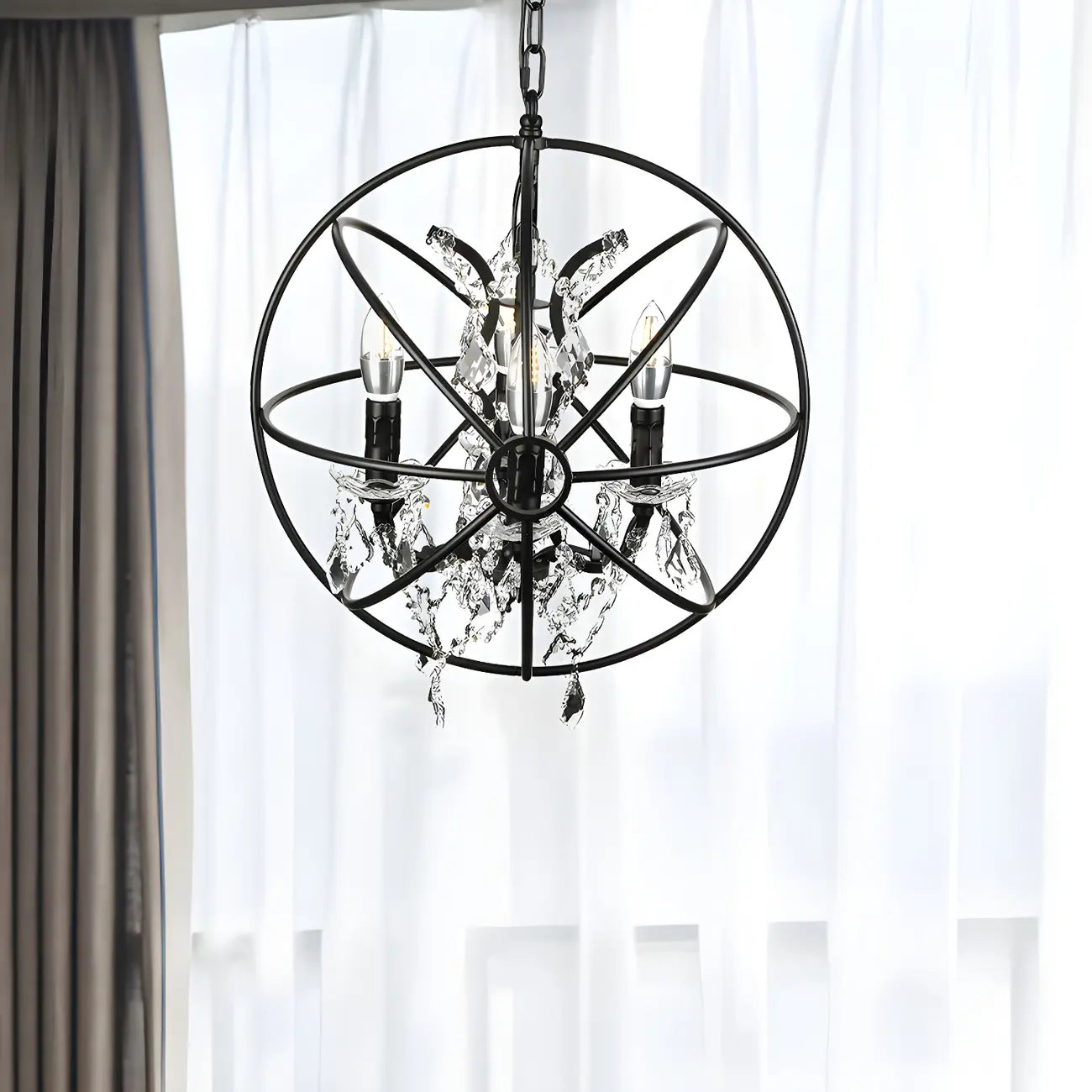 4-Light Industrial Black Iron Chandelier with Crystal
