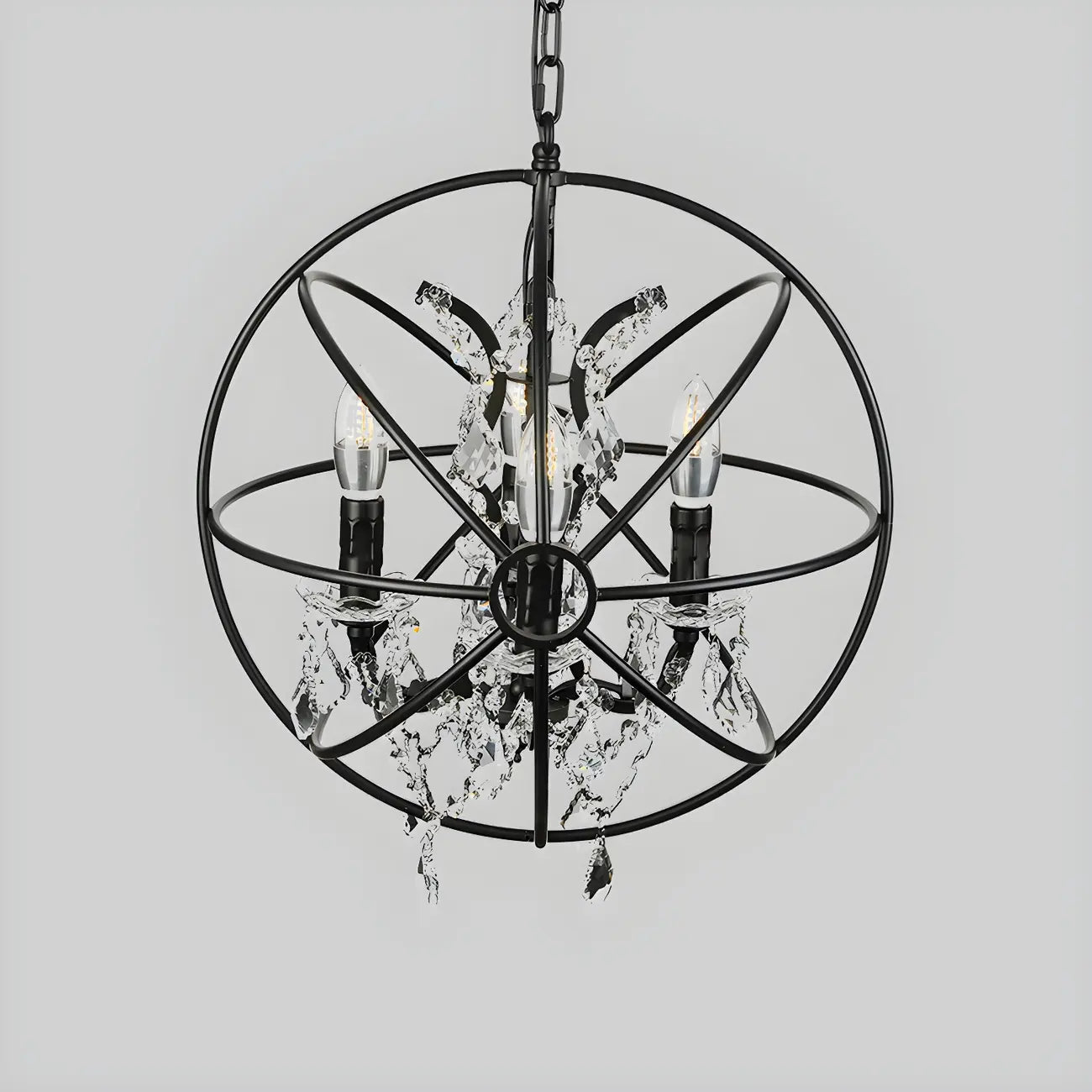 4-Light Industrial Black Iron Chandelier with Crystal