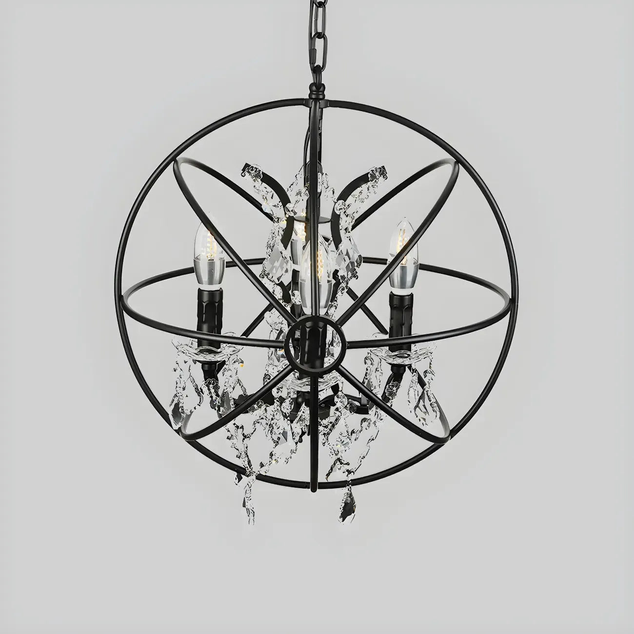 4-Light Industrial Black Iron Chandelier with Crystal