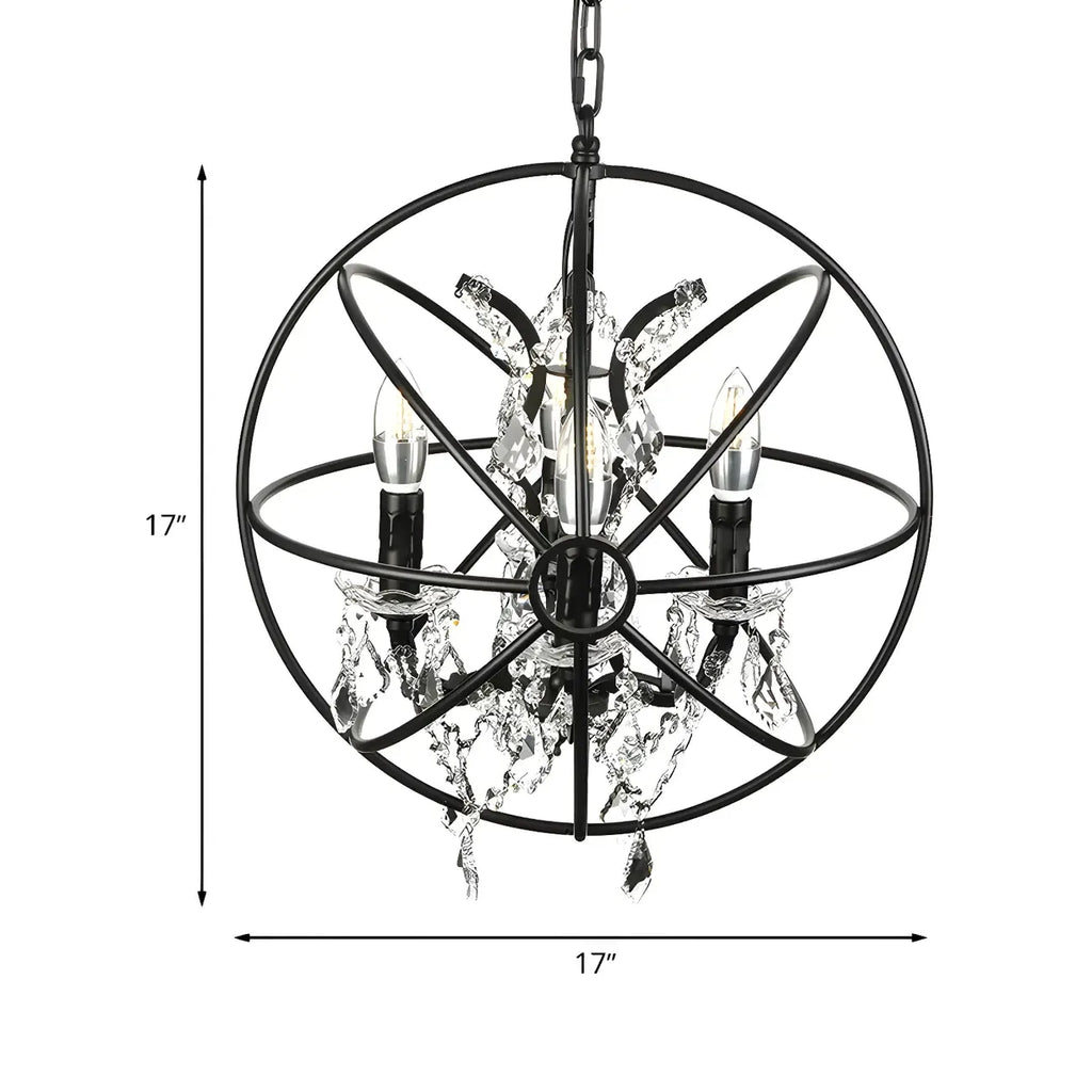 4-Light Industrial Black Iron Chandelier with Crystal