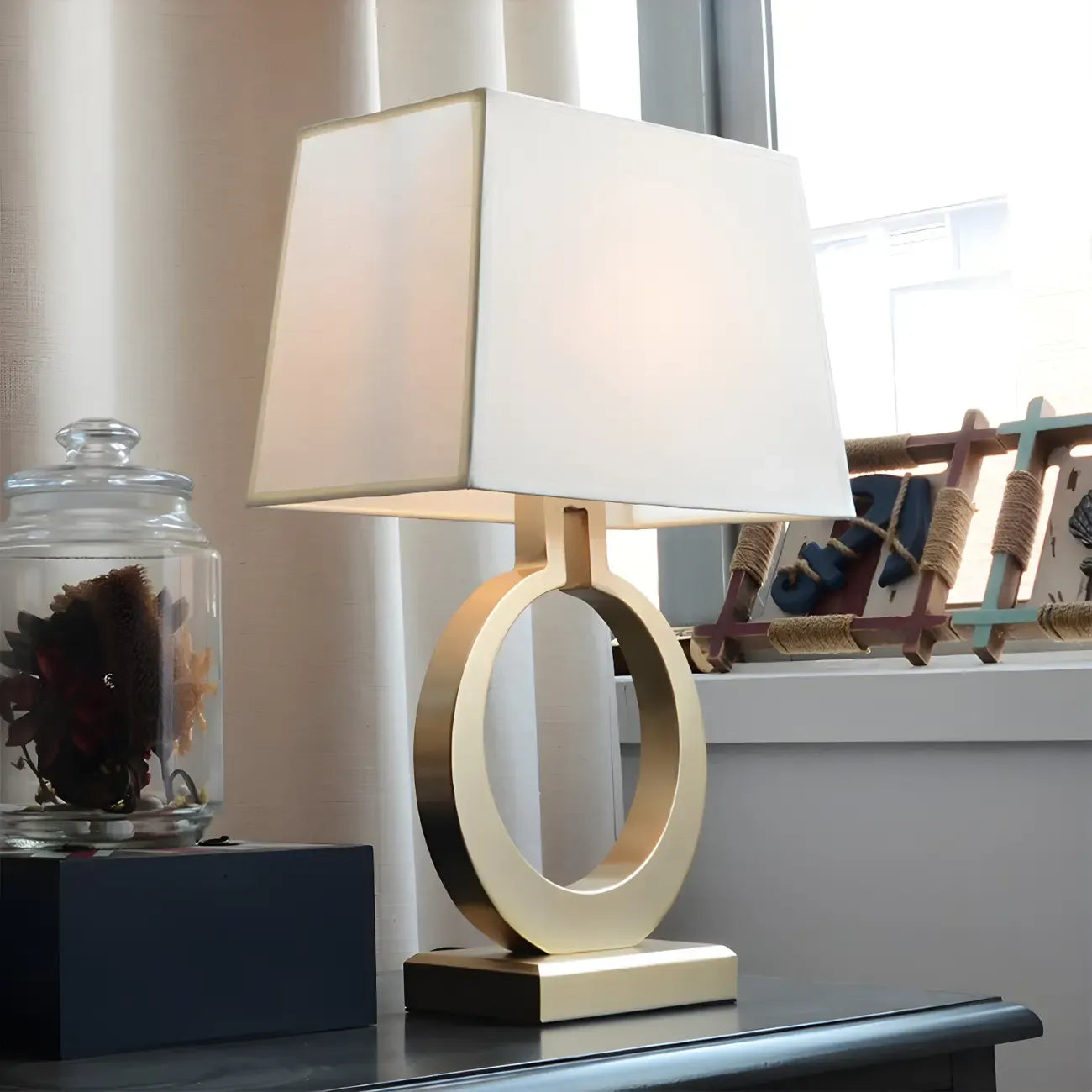 Gold Ring LED Table Lamp Square Base & Rectangle Shade