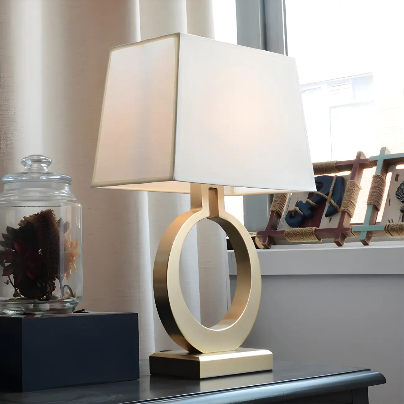Gold Ring LED Table Lamp Square Base & Rectangle Shade