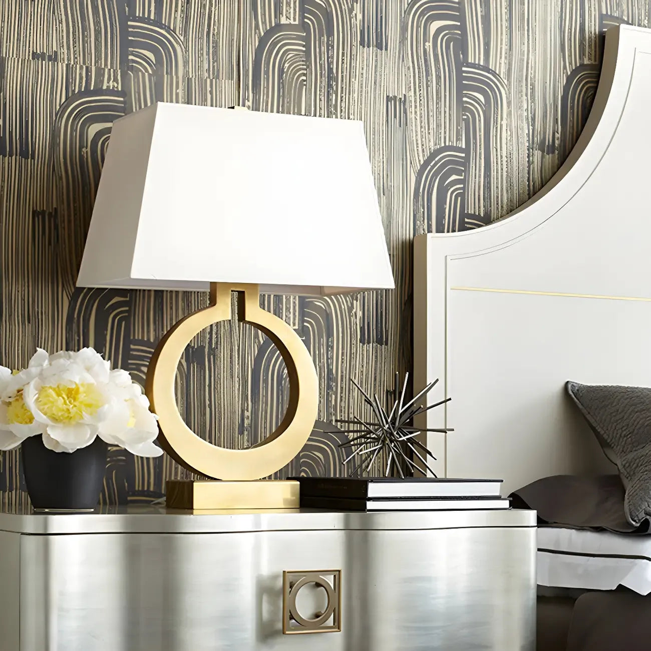 Gold Ring LED Table Lamp Square Base & Rectangle Shade