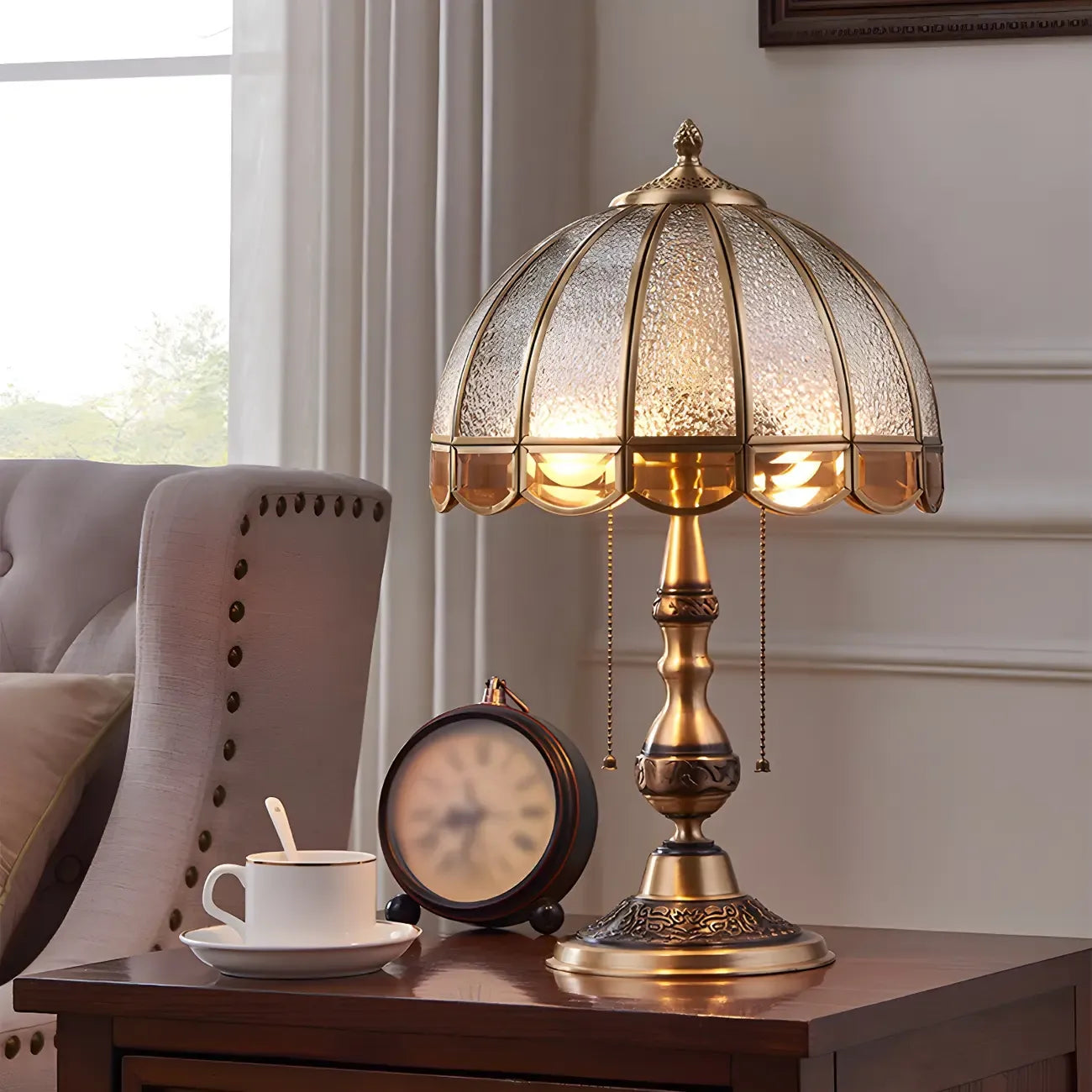 Vintage Luxury Dome Shape Table Lamp Brass and Glass