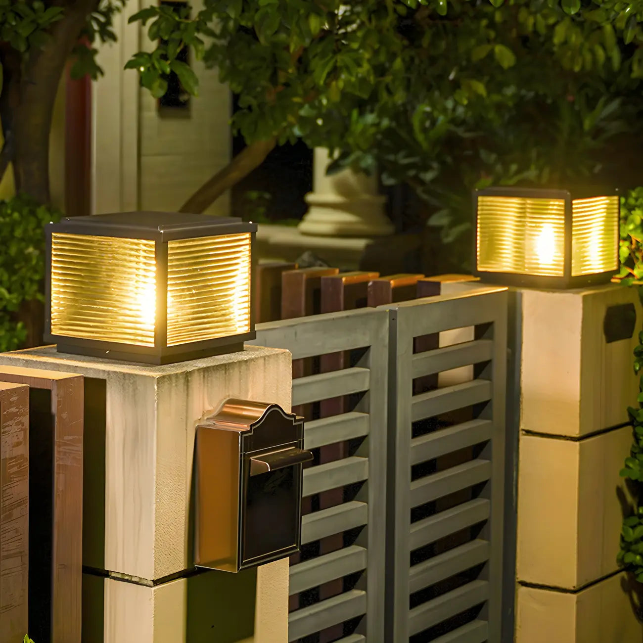 2-Color LED Black Cube Solar Outdoor Post Light
