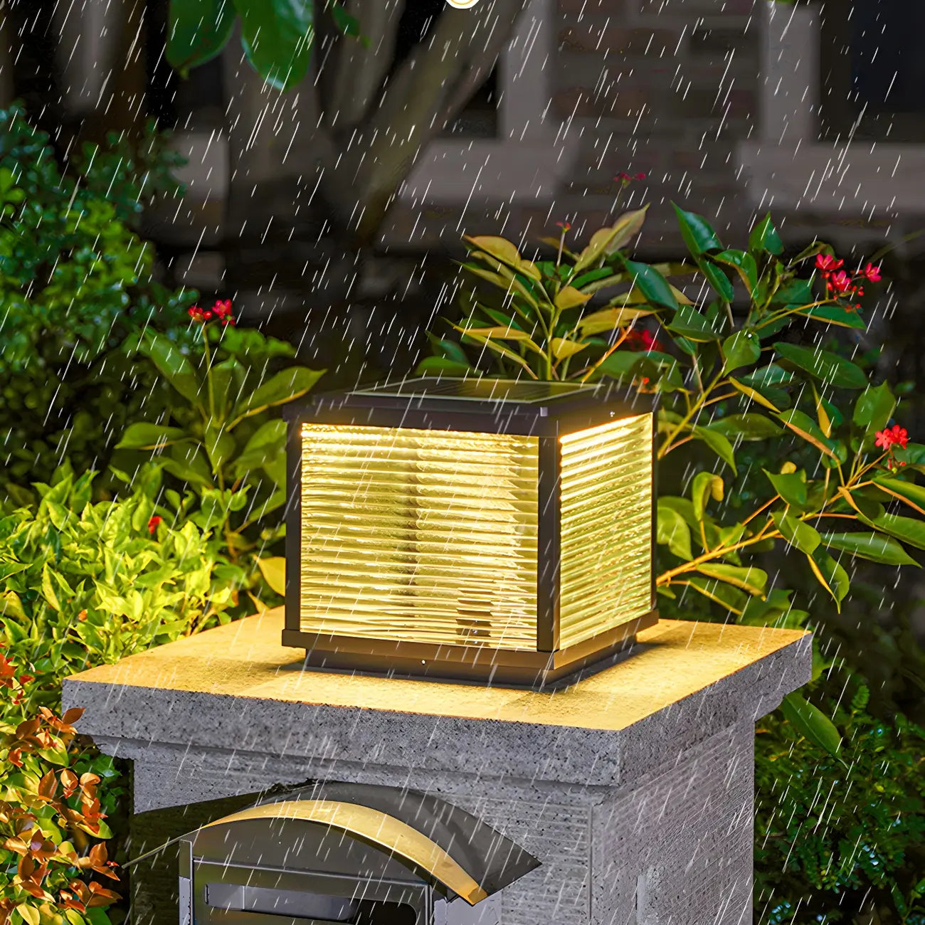2-Color LED Black Cube Solar Outdoor Post Light