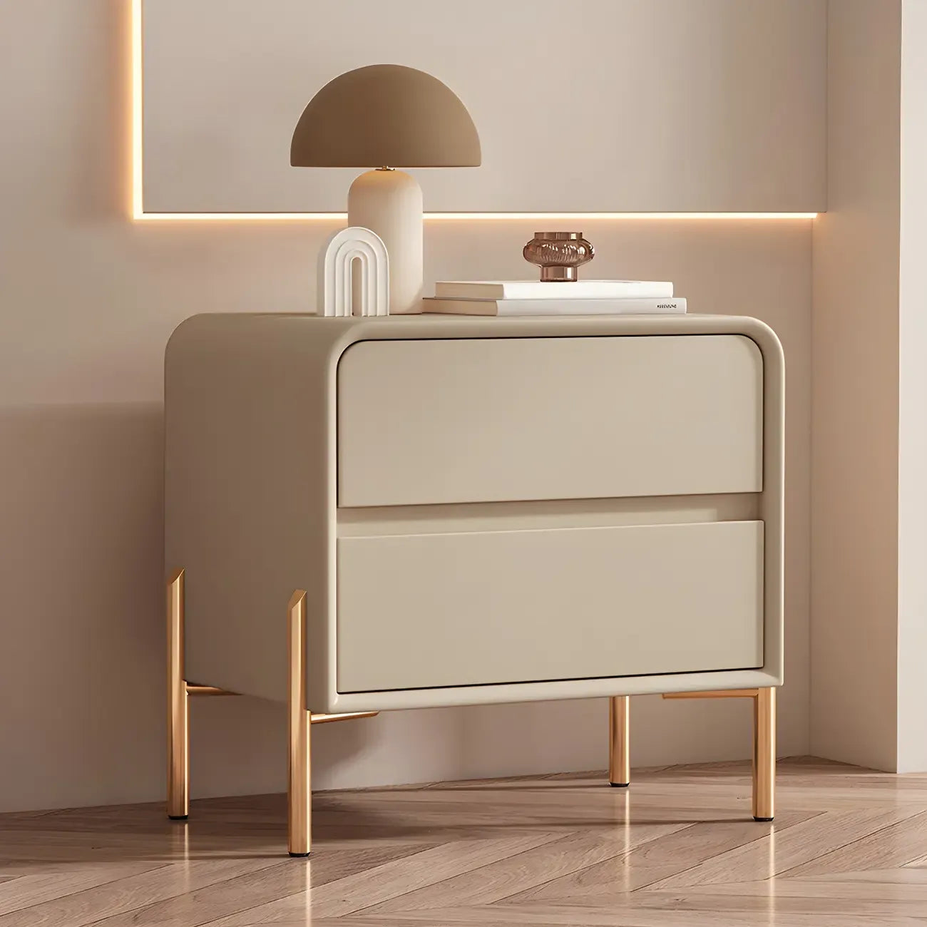 Morandi Short Leather Wood 2 Tiers Nightstand with Legs