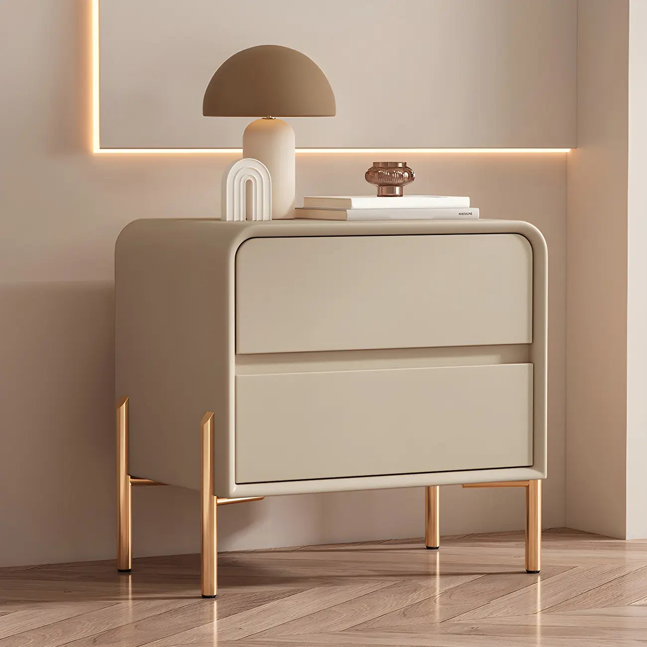 Morandi Short Leather Wood 2 Tiers Nightstand with Legs