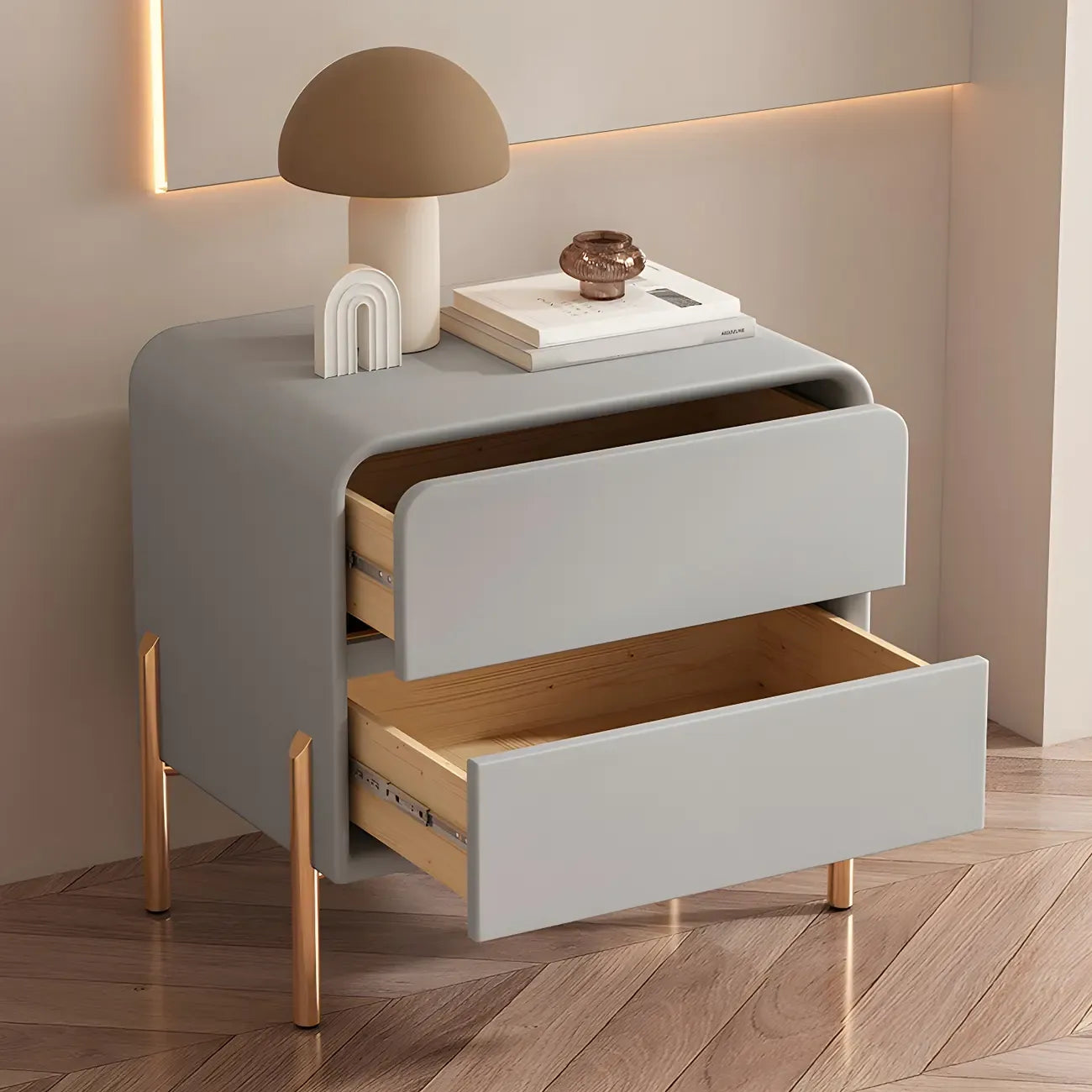 Morandi Short Leather Wood 2 Tiers Nightstand with Legs