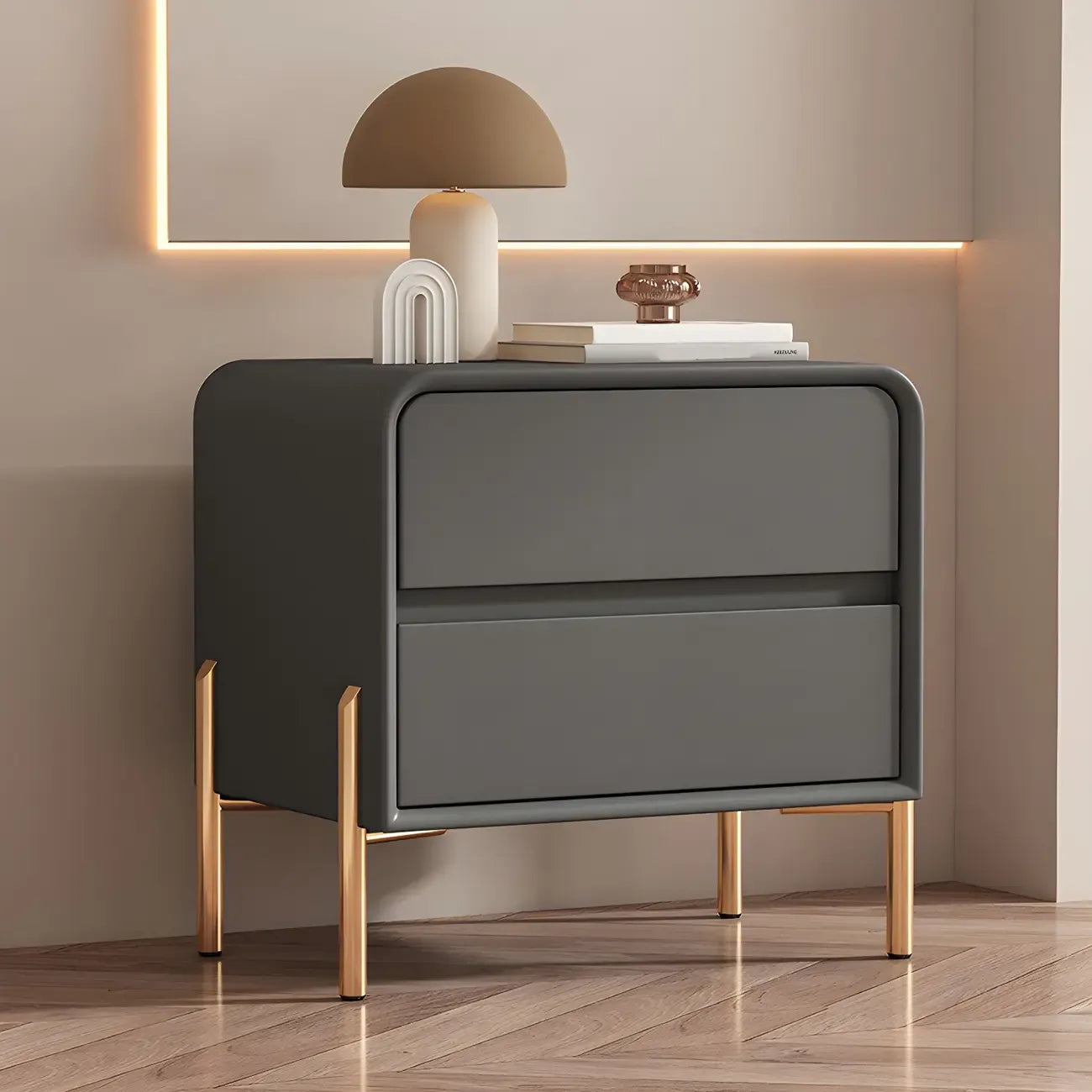 Morandi Short Leather Wood 2 Tiers Nightstand with Legs