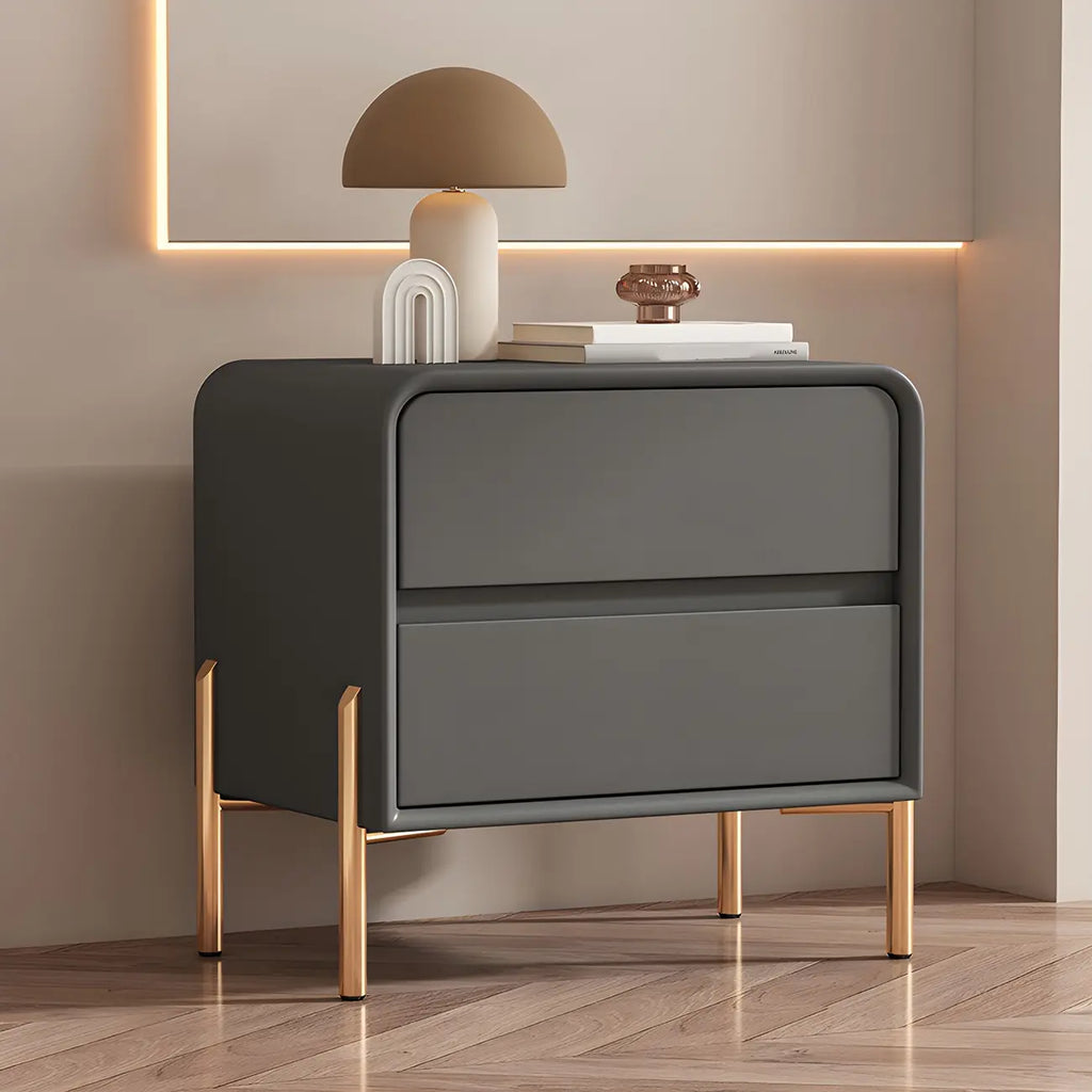 Morandi Short Leather Wood 2 Tiers Nightstand with Legs