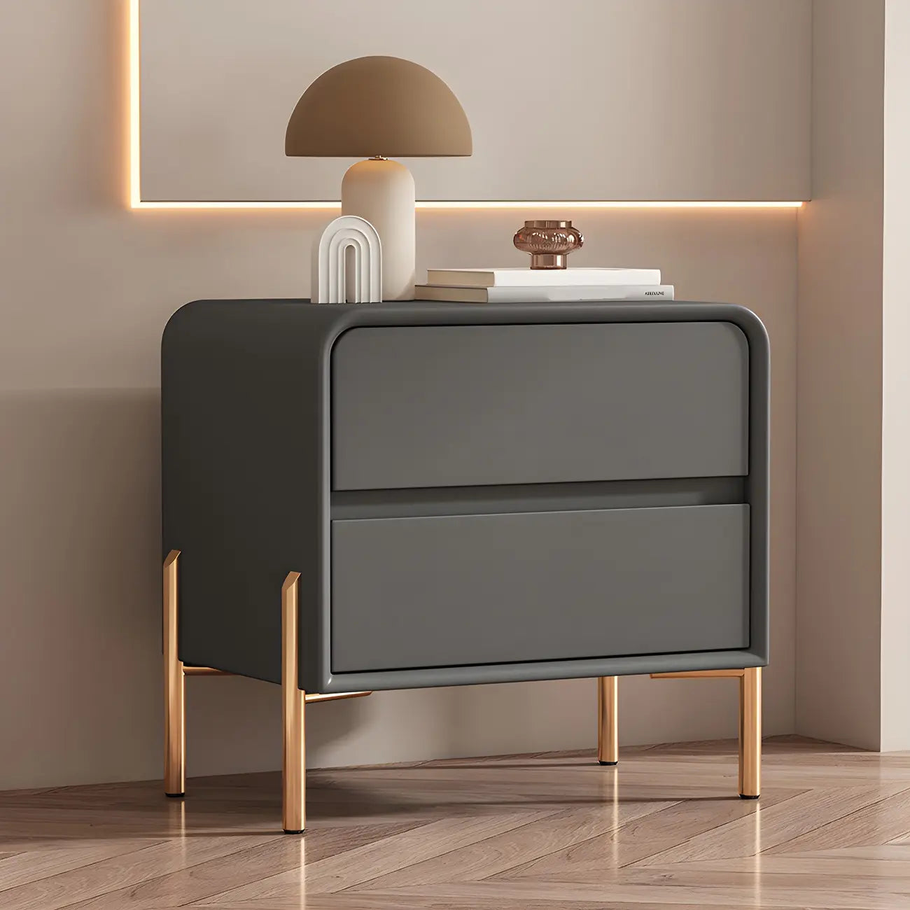 Morandi Short Leather Wood 2 Tiers Nightstand with Legs