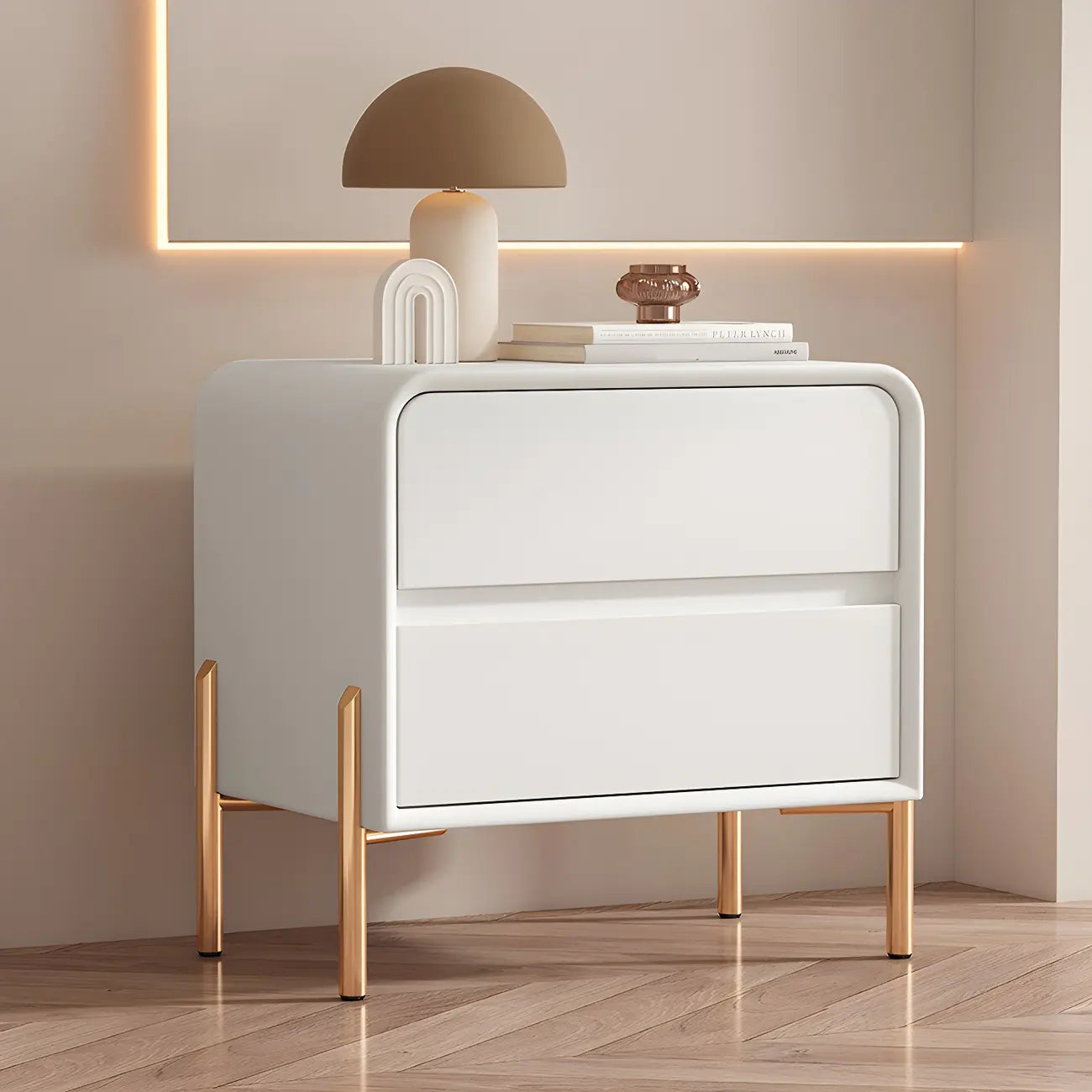 Morandi Short Leather Wood 2 Tiers Nightstand with Legs