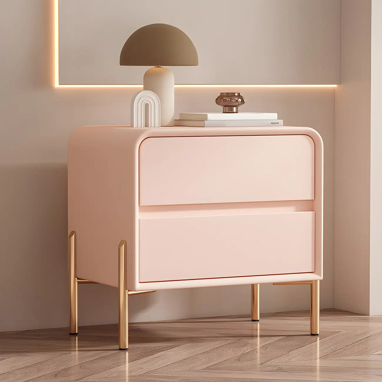 Morandi Short Leather Wood 2 Tiers Nightstand with Legs