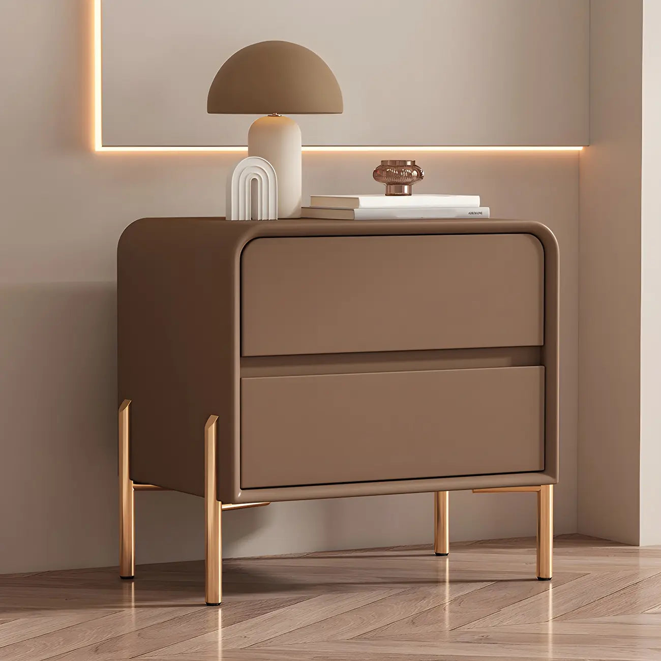 Morandi Short Leather Wood 2 Tiers Nightstand with Legs