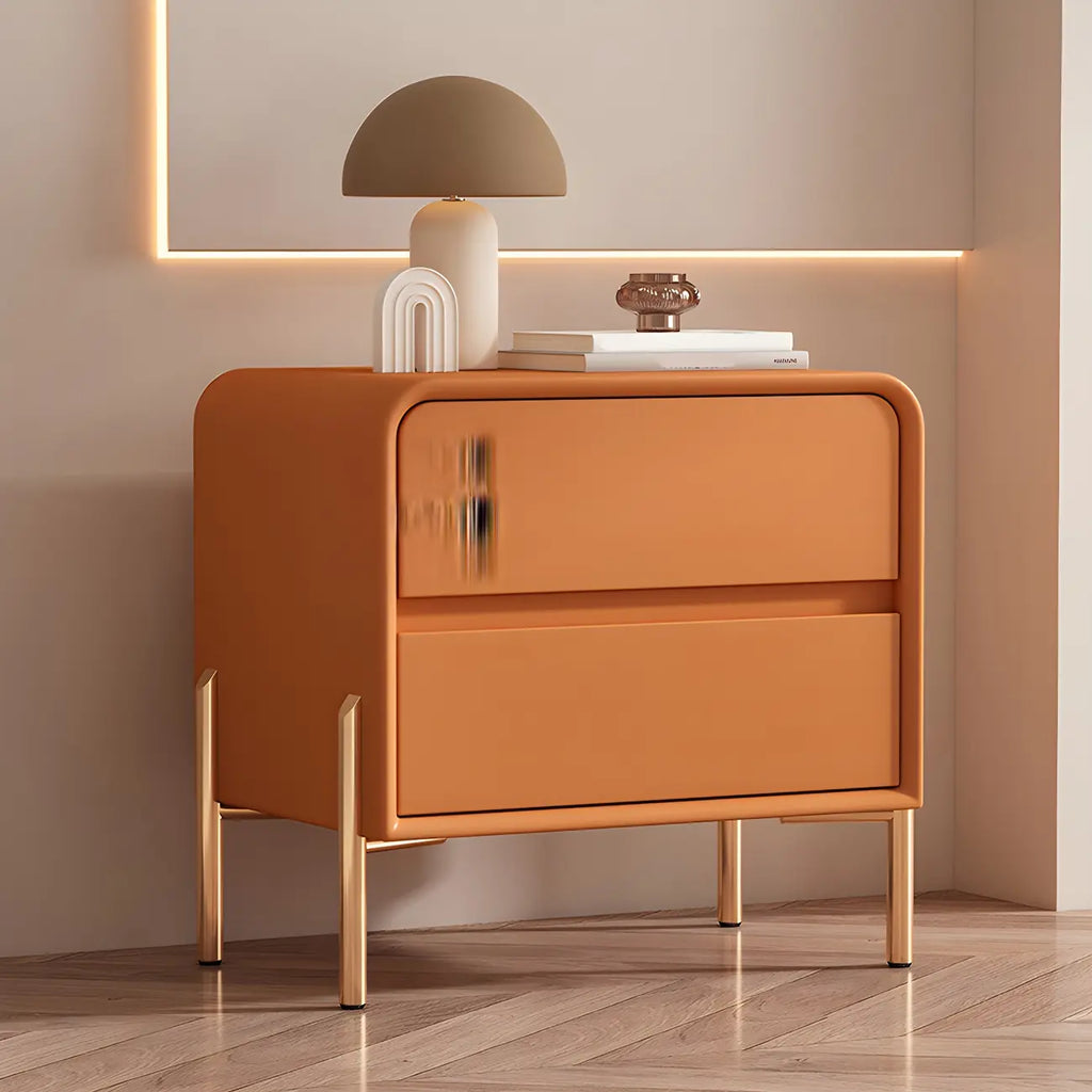 Morandi Short Leather Wood 2 Tiers Nightstand with Legs