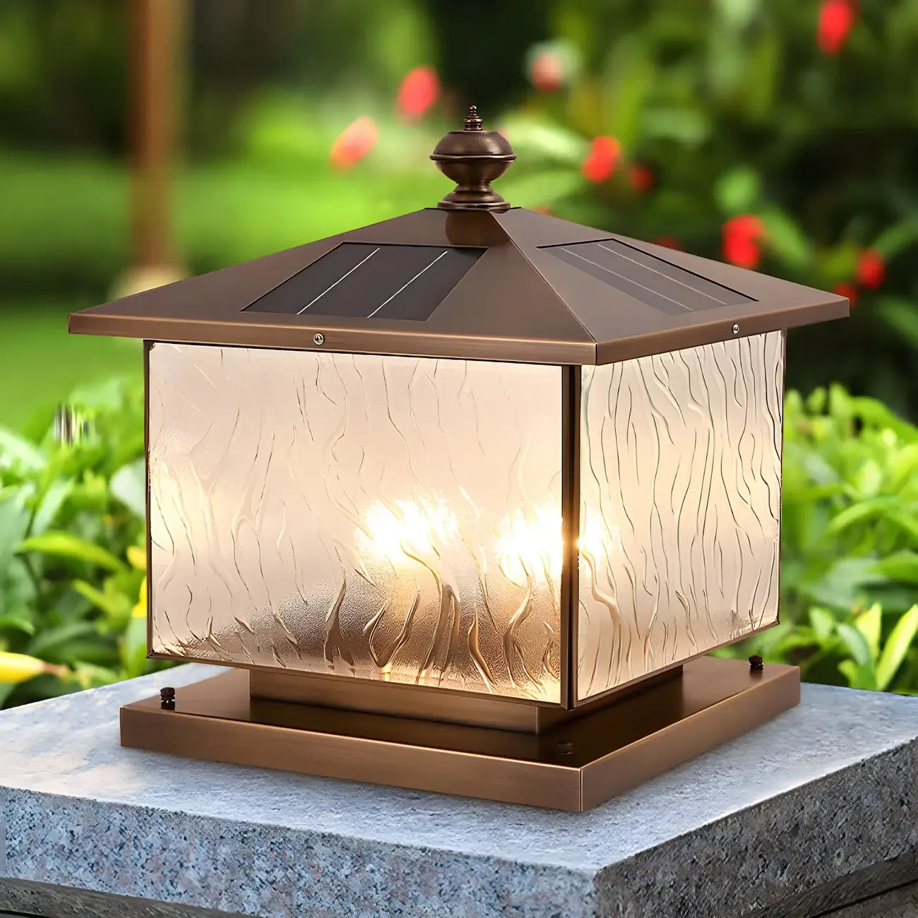 House-Shape Solar Bronze Ripple Outdoor Post Lights