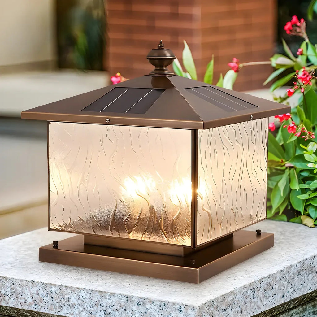 House-Shape Solar Bronze Ripple Outdoor Post Lights
