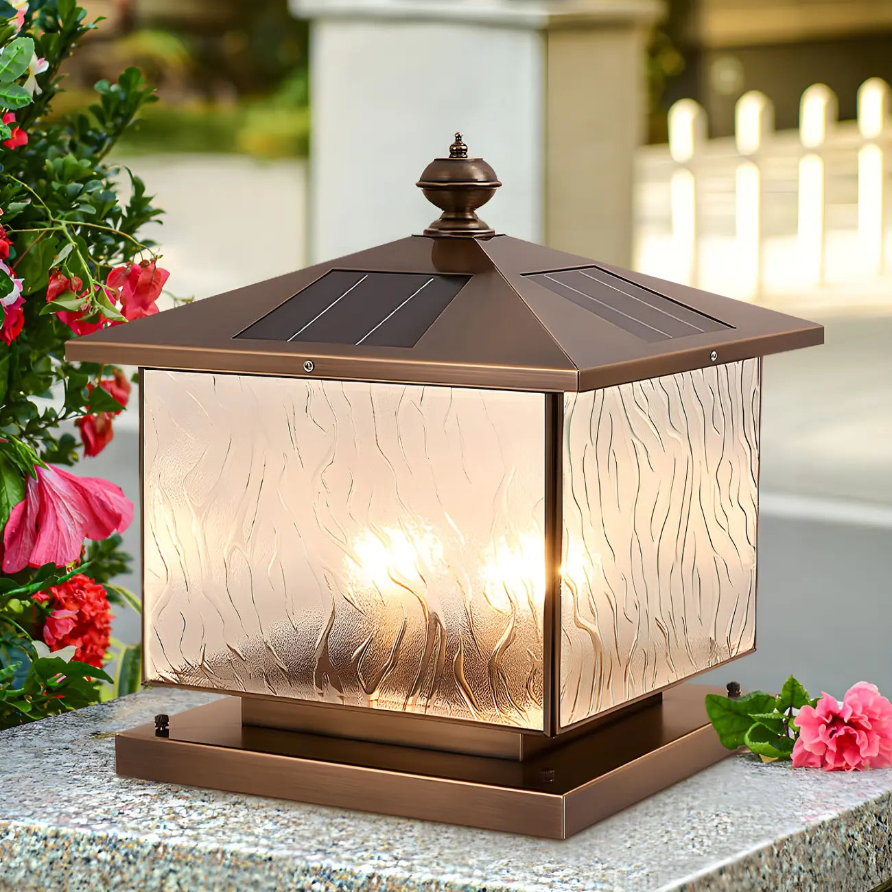 House-Shape Solar Bronze Ripple Outdoor Post Lights